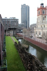 St Giles', London Wall remains, high and low-rise residences and pilotis.